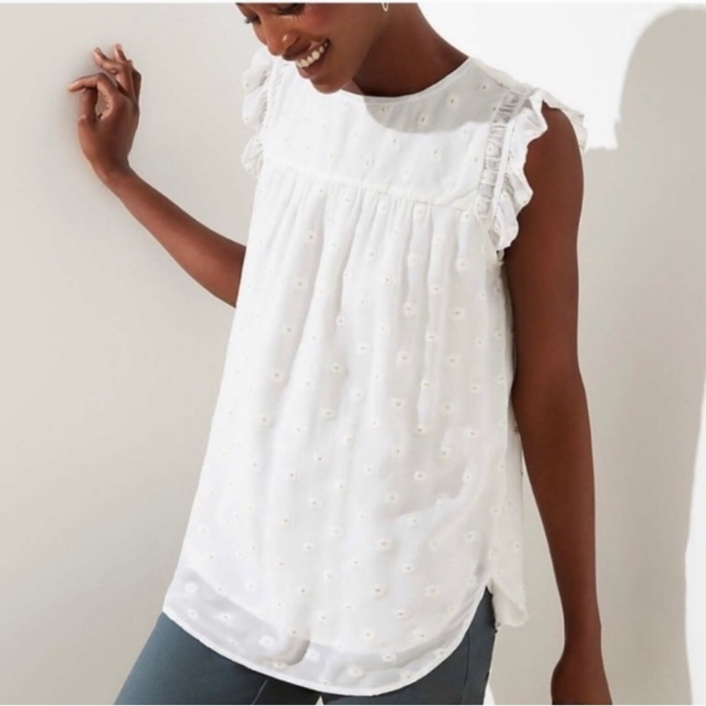 LOFT White Gold Embroidered Daisy Ruffle Lined Blouse Top XS